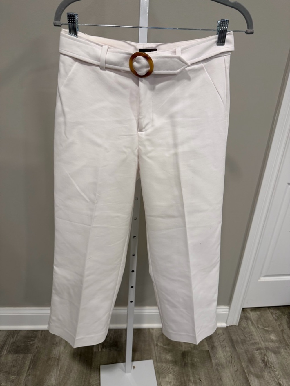 crosby. Cream Cropped Belted Chinos with Round Buckle